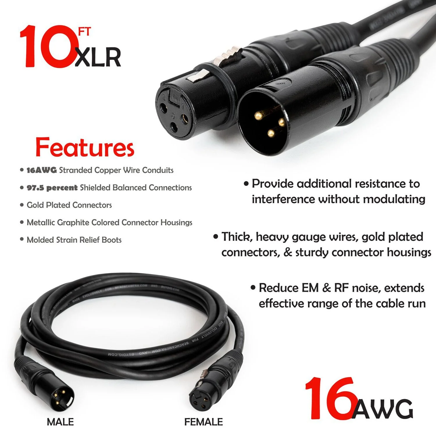 Deco Gear XLR 10' Male to XLR Female 16AWG Gold Plated Cable - Image 8